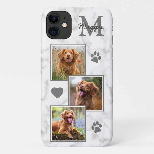 Capa Para iPhone 11 Pet Photo Collage Modern Monogramo Marble Cat Dog (Verso)