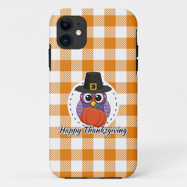 Capa Para iPhone 11 Pilgrim Owl em Orange Xadrez - Feliz Ação de Graça (Verso)