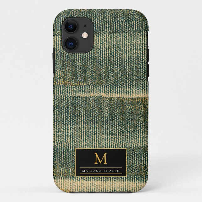 Capa Para iPhone 11 Pincel Verde Elegante com ouro e preto (Verso)