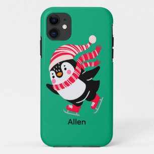 Capa Para iPhone 11 Pinguim de Natal num Chapéu e Escarpo em Skates