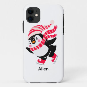Capa Para iPhone 11 Pinguim de Natal num Chapéu e Escarpo em Skates