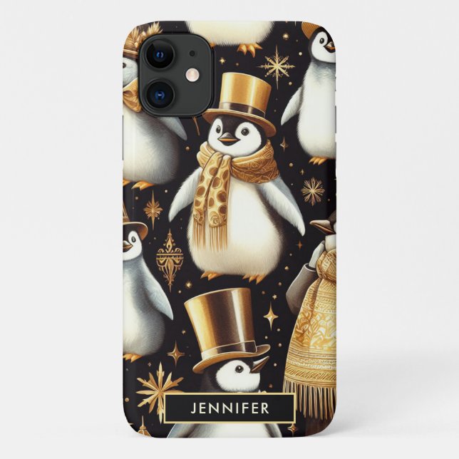 Capa Para iPhone 11 Pinguim preto e Ouro (Verso)