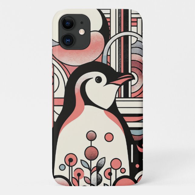 Capa Para iPhone 11 Pinguim-Rosa Pinguim-Rosa Arte Geométrica Retro Pa (Verso)