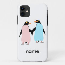 Pinguins cor-de-rosa e azuis de mãos dadas.