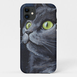Capa Para iPhone 11 Pintura cinzenta Eyed verde do gato