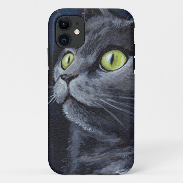 Capa Para iPhone 11 Pintura cinzenta Eyed verde do gato (Verso)