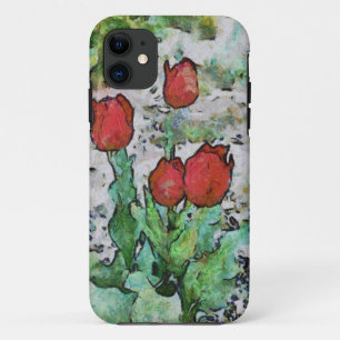 Capa Para iPhone 11 Pintura de tulipas vermelhas