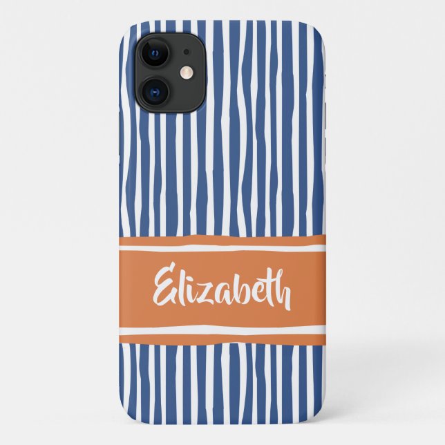 Capa Para iPhone 11 Pintura ondulada stripes laranja e azul com nome (Verso)