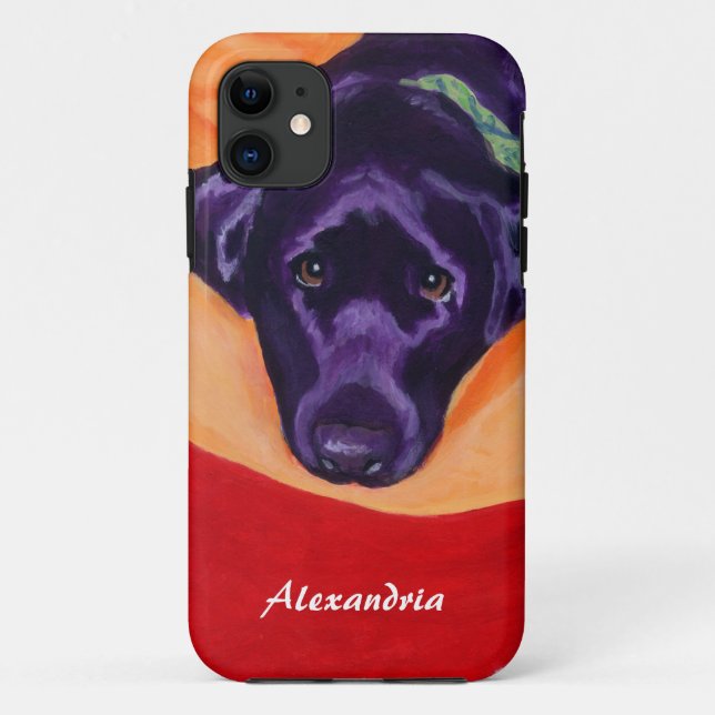 Capa Para iPhone 11 Pintura preta personalizada de Labrador (Verso)