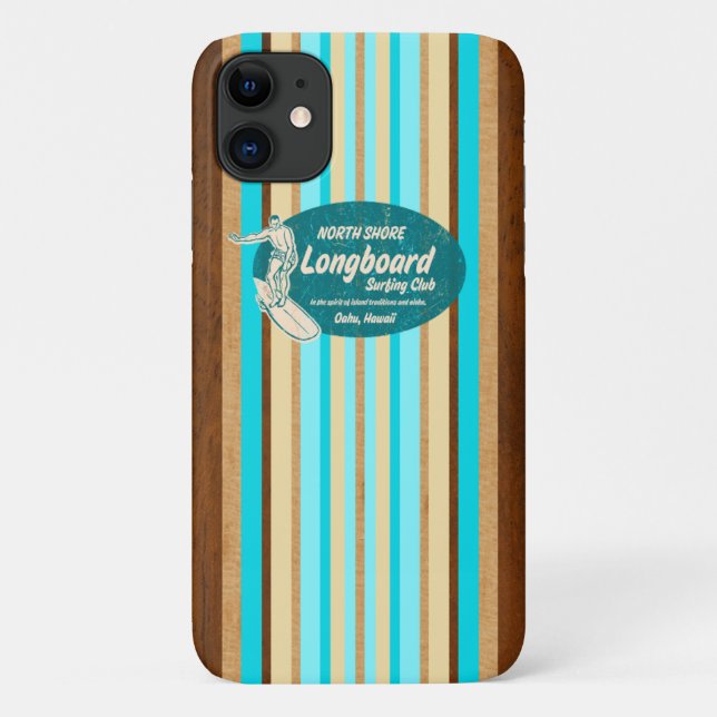 Capa Para iPhone 11 Pipeline Surfboard Hawaiian Stripes Aqua (Verso)