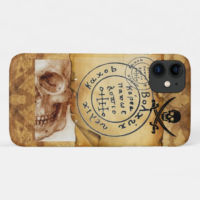 CAPA PARA iPhone 11 PIRATAS ANTICOS MAPA DE TRATAMENTO, CRÂNIA E MADEI (Verso (horizontal))