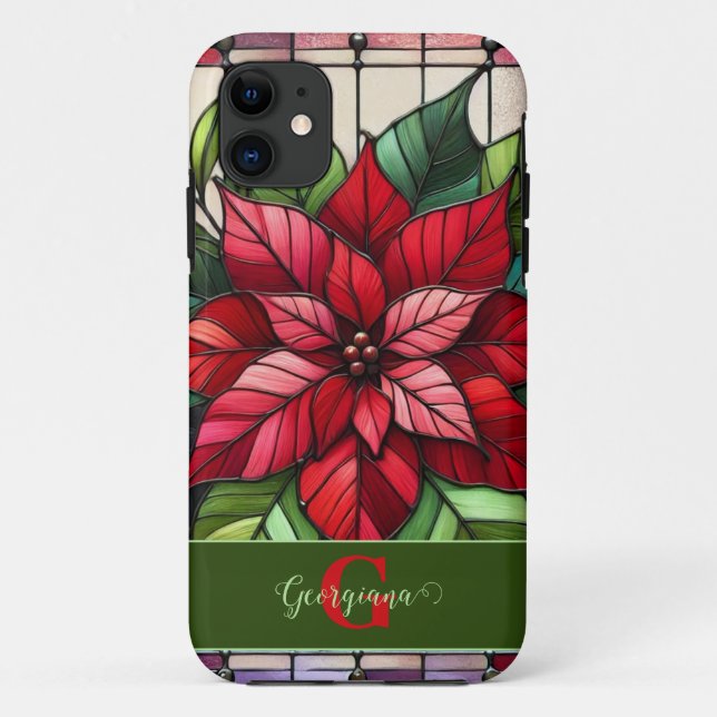 Capa Para iPhone 11 Poinsettia De Vidro Festivo Personalizado (Verso)