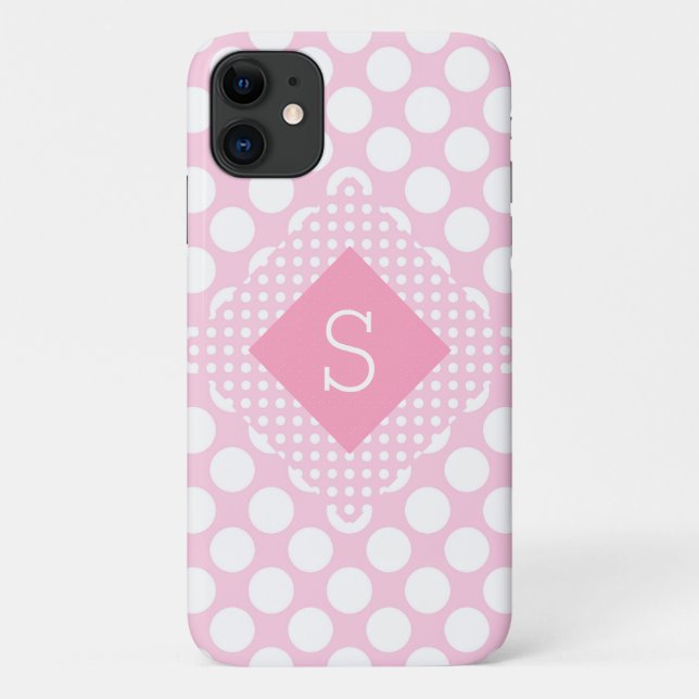 Capa Para iPhone 11 Polkadots Rosa Monograma Girly Modern Simples (Verso)