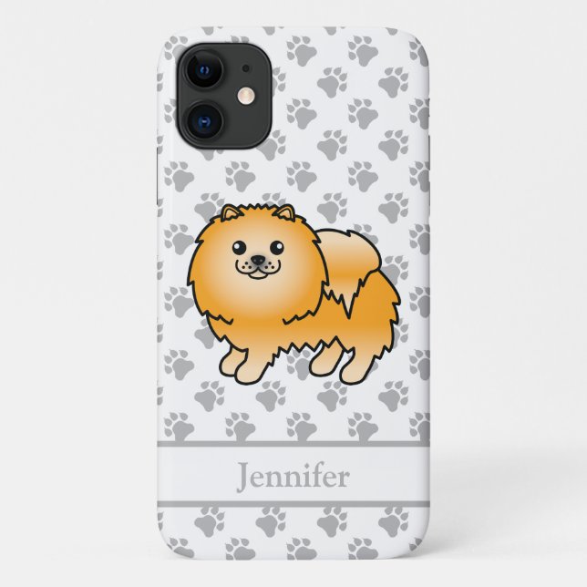 Capa Para iPhone 11 Pomerânia Laranja Cachorro Fofo de Desenho & Nome (Verso)