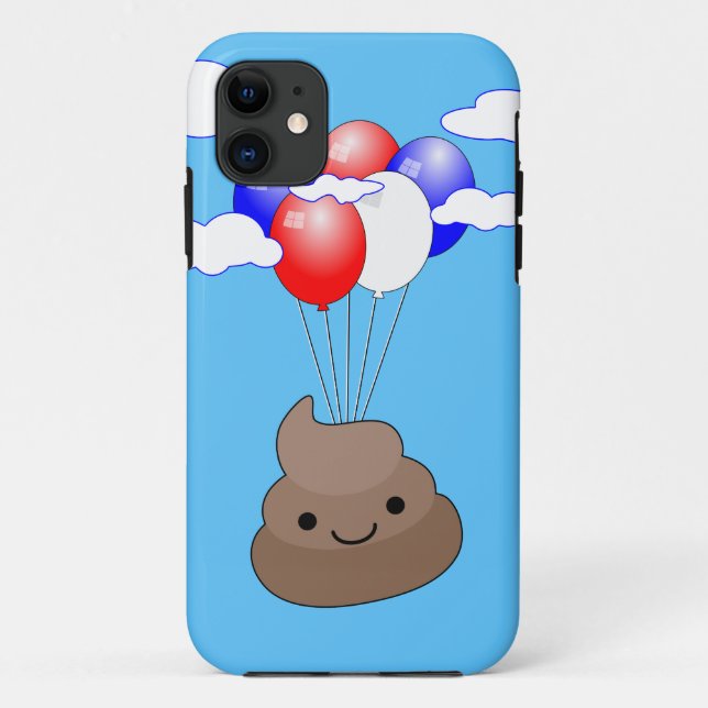 Capa Para iPhone 11 Poo Emoji Voando Com Balões No Céu Azul (Verso)