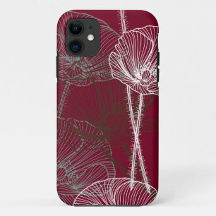 Capa Para iPhone 11 Poppies desenhados à mão no vermelho escuro Case