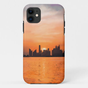 Capa Para iPhone 11 Pôr do sol sobre uma cidade à beira-mar - aquarela