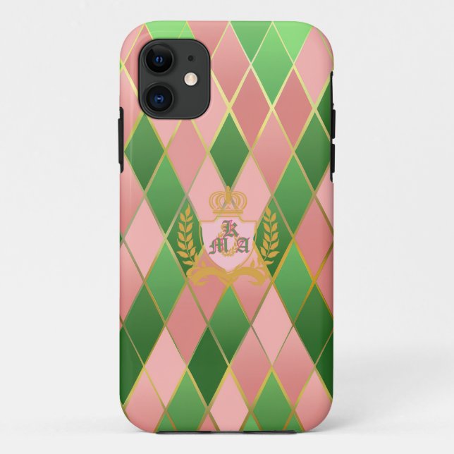 Capa Para iPhone 11 Posh Chic Pink and Green Argyle Monogrammed  (Verso)