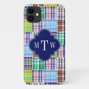 Capa Para iPhone 11 Pré-Pilhas Madras Marinho Quatrefoil Monograma