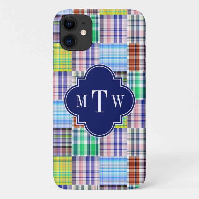 Capa Para iPhone 11 Pré-Pilhas Madras Marinho Quatrefoil Monograma (Verso)