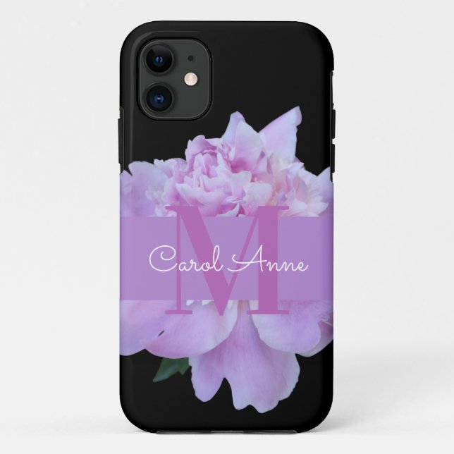 Capa Para iPhone 11 preto clássico com flor rosa monograma (Verso)