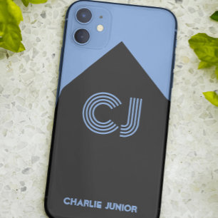 Capa Para iPhone 11 preto e azul aqua iniciais monogramadas Minimalist