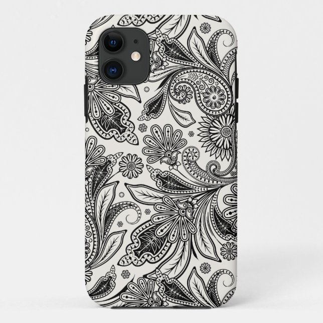 Capa Para iPhone 11 Preto e branco paisley (Verso)