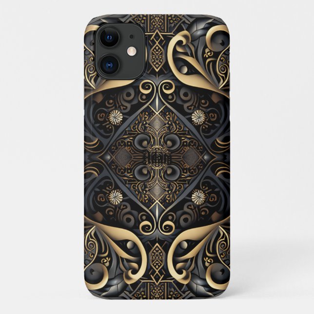 Capa Para iPhone 11 Preto e Dourado medieval gravado (Verso)