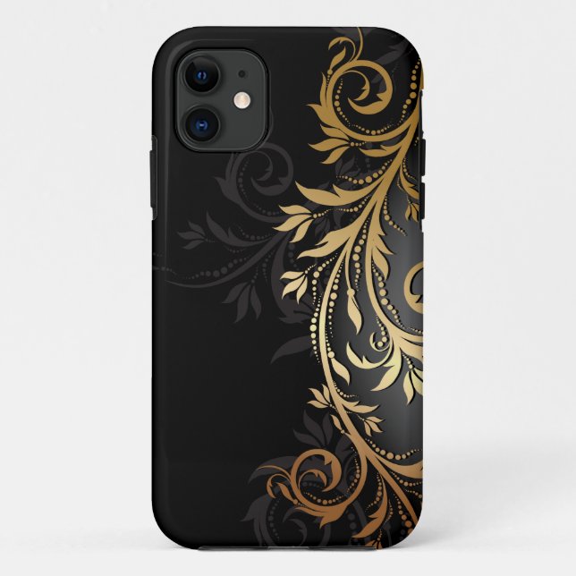Capa Para iPhone 11 Preto e videira floral Dourado (Verso)