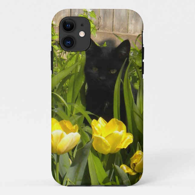 Capa Para iPhone 11 Preto Kitten, Tulipas Amarelas. iPhone 5 case (Verso)