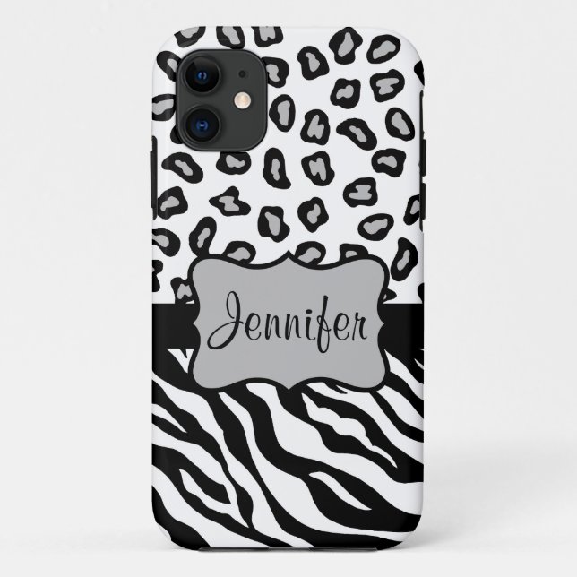 Capa Para iPhone 11 Preto White Zebra Leopardo Nome Personalizado (Verso)