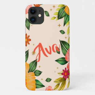 Capa Para iPhone 11 Primavera Tropical Floral Custom Name