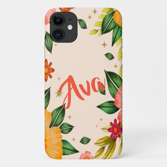 Capa Para iPhone 11 Primavera Tropical Floral Custom Name (Verso)