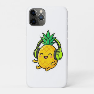 Capa Para iPhone 11 Pro Abacaxi Kawaii Fofo Usando Fones de Ouvido Verão B