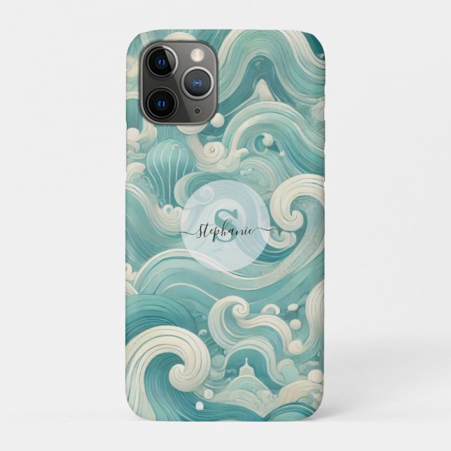 Capa Para iPhone 11 Pro Abstrato Aqua Blue & White Wave - Arte Fluida Mode (Verso)