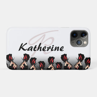 Capa Para iPhone 11 Pro Adicione Seu Nome Monograma Rosas Vermelhas