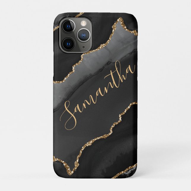 Capa Para iPhone 11 Pro Ágata Brilhante Falsa Preta e Dourada (Verso)