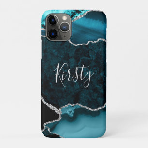 Capa Para iPhone 11 Pro Ágata Marmore Água-Marinho e Brilho Prateado Falso