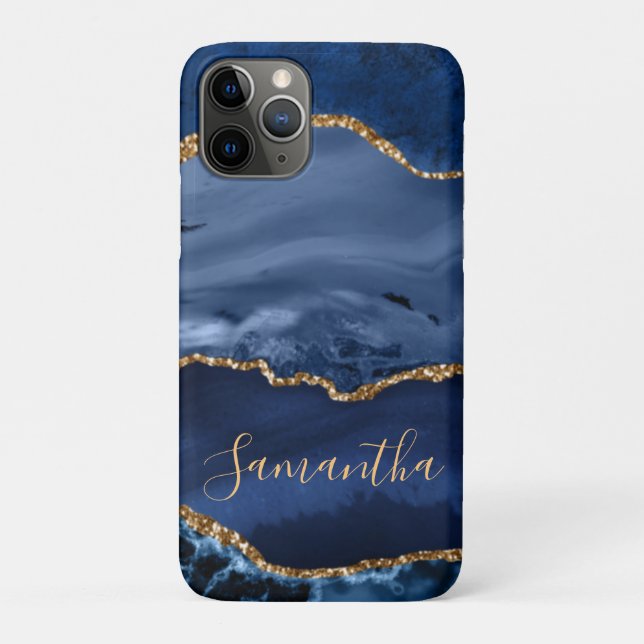 Capa Para iPhone 11 Pro Ágata Marmore Azul Marinho e Brilho Dourado Falso (Verso)