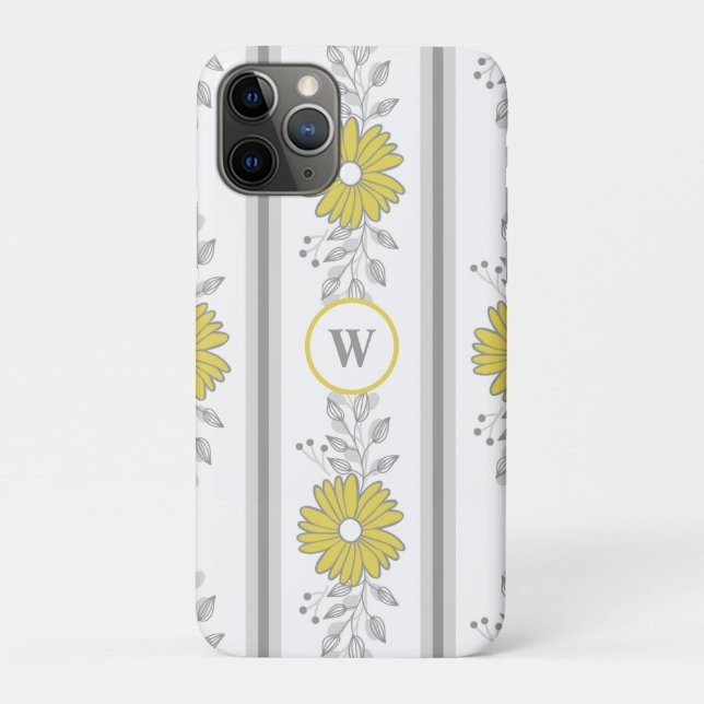 Capa Para iPhone 11 Pro Amarelo Monogramado e Floral Cinza  (Verso)