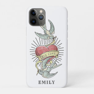 Capa Para iPhone 11 Pro Amor verdadeiro   Vintage Tattoo Birds with Heart