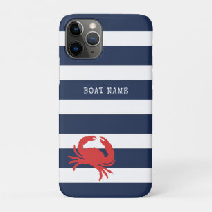 Capa Para iPhone 11 Pro Âncora Listras Azuis Marinho Nome do Barco Vermelh