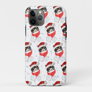 Capa Para iPhone 11 Pro Aquarela de Natal de Gato Tricolor com Scarf