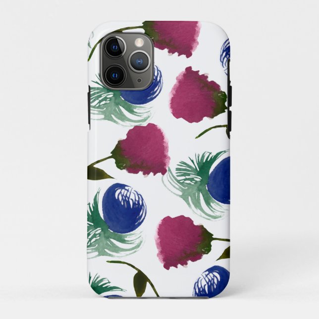 Capa Para iPhone 11 Pro Aquarela Floral Azul Borgonha Cintura Verde (Verso)