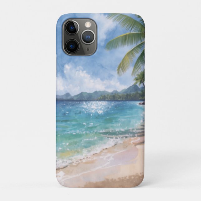 Capa Para iPhone 11 Pro Aquarela Praia Havaí (Verso)