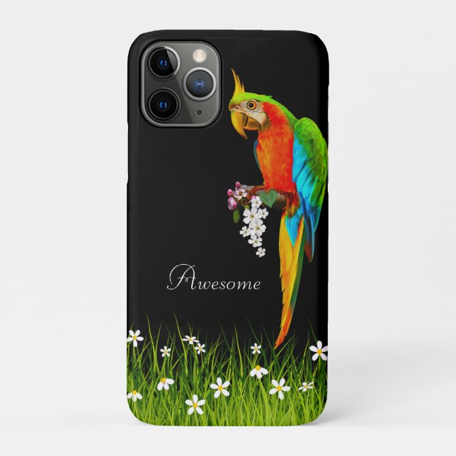 Capa Para iPhone 11 Pro Arara Tropical e Flores Brancas em Preto (Verso)