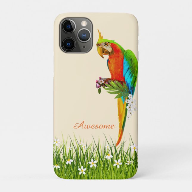 Capa Para iPhone 11 Pro Arara Tropical & Flores Brancas em Bege Claro (Verso)