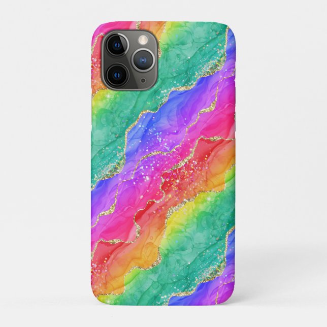 Capa Para iPhone 11 Pro Arco-íris Brilhante & Ágata Brilhante Falsa Dourad (Verso)