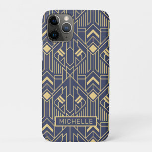 Capa Para iPhone 11 Pro Art Deco Azul Dourado Geométrico Nome Personalizad