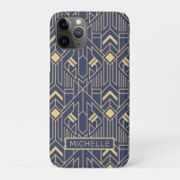 Art Deco Azul Nome Geométrico Personalizado Dourad